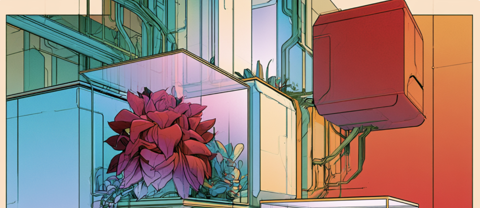 Wide illustration of a red dahlia in a glass container module amid pipes and machinery